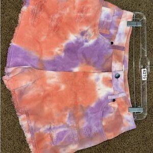 Vibrant Tie-Dye Easel Jean Shorts in Orange and Purple- Medium